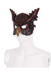 Detailed view of 3D owl mask with red textured feathers and curved beak for cosplay