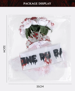 Detail view of zombie bride set with bloody roses, silver crown, and sash in packaging
