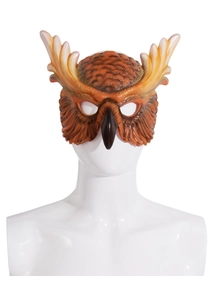 Detailed close-up of owl cosplay mask with realistic feather texture and curved beak