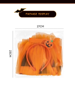 Package display of Halloween pumpkin tutu set and headband showing 27x23cm dimensions