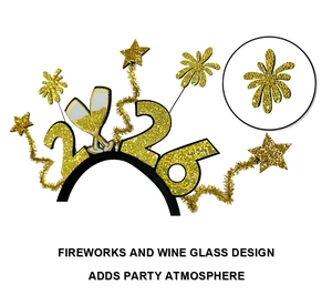 Detail of 2026 Happy New Year headband featuring golden glitter fireworks and stars