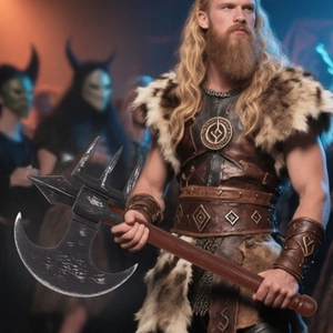 Viking cosplay battle axe prop with foam blade and aged metal texture for Halloween