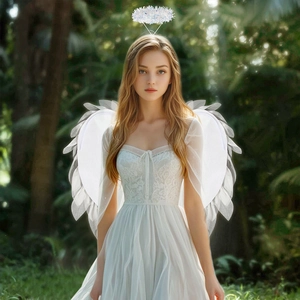 White organza angel wings and halo headband set for cosplay and party costume decoration