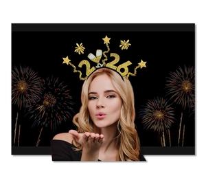 Detail of 2026 glitter headband with champagne glasses and stars for New Year party