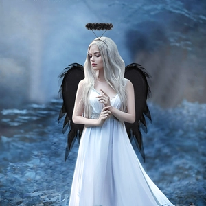 Realistic black feather angel wings and fuzzy halo headband set for cosplay party