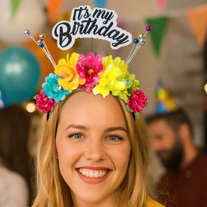 Serre-tête d'Anniversaire à Fleurs Colorées Avec Inscription Pailletée It's My Birthday Accessoire de Fête pour Femmes