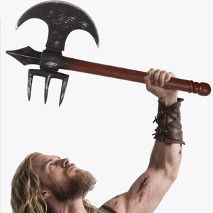 Viking pirate axe prop with silver-finished foam blade and realistic wood texture handle