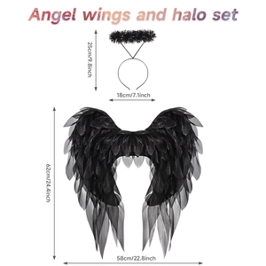 Black angel wings and halo set for cosplay with 62x58cm size measurements display