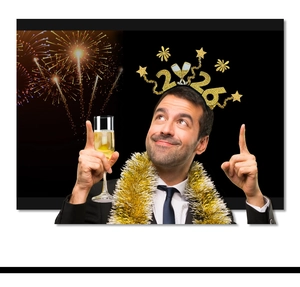 Detail of 2026 Happy New Year headband with gold glitter stars and champagne cups