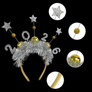 2026 New Year headband with gold balls, silver stars and glitter details on black background