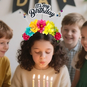 Serre-tête floral coloré pour fille avec signe It's my Birthday pailleté et perles déco