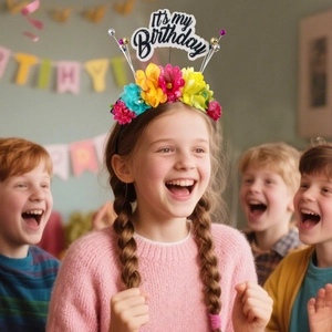 Serre-tête fleuri coloré avec signe It's my Birthday porté par une petite fille