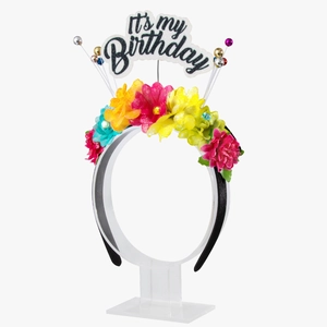 Serre-tête d'anniversaire à fleurs avec panneau It's my Birthday sur support