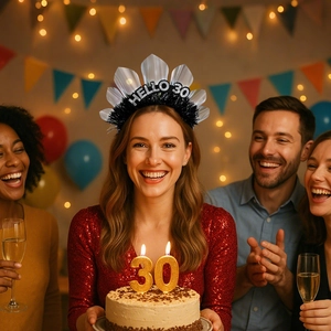 30. Geburtstag Party-Set mit Hello 30 Feder-Stirnband und goldenen Glitzer-Kerzen