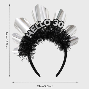 Silberne HELLO 30 Krone Haarreif mit schwarzen Federn für die 30. Geburtstagsparty