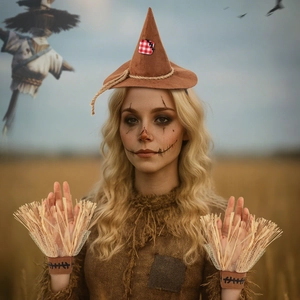 Σετ Αξεσουάρ Κοστουμιού Σκιάχτρου για το Halloween Καφέ Κορδέλα με Μυτερό Καπέλο και Περικάρπια από Άχυρο για Γυναικείο Πάρτι Cosplay
