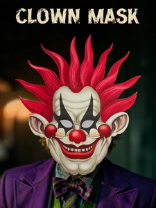 Détail du masque de clown en EVA avec cheveux rouges et maquillage pour cosplay
