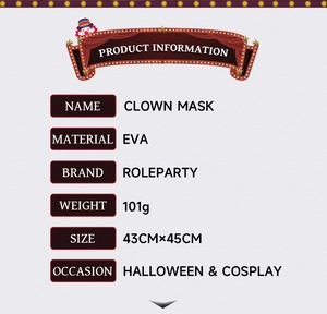 Spécifications détaillées du masque de clown en EVA avec dimensions et poids