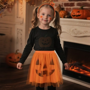 Kids Halloween Pumpkin Ghost Costume Set Orange White Mesh Tutu Skirt With Matching Headband For Holiday Party Cosplay