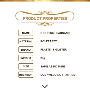 Detailed specs of gold glitter goddess headband including material, weight, and size information