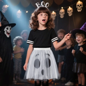 Kids white ghost tutu skirt set with ghost pattern and BOO headband for Halloween cosplay