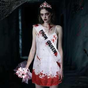 Halloween Zombie Prom Queen Costume Ghost Bride Bloody White Dress Sash Crown Flower Bouquet Cosplay Party For Women