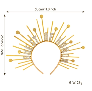 Golden sunburst halo headband with Guest of Honor lettering showing size dimensions