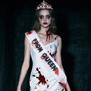 Halloween bloody ghost bride costume with Prom Queen sash and heart crown props