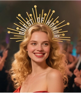 Close-up of golden sunburst halo crown with silver Guest of Honor glitter lettering