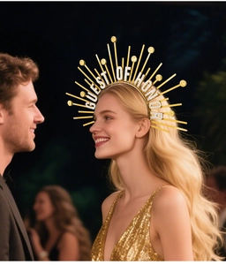 Close-up of golden sunburst headband featuring crystal Guest of Honor lettering for parties