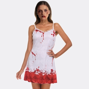 Halloween bloody ghost bride costume set with thin straps and white lace trim