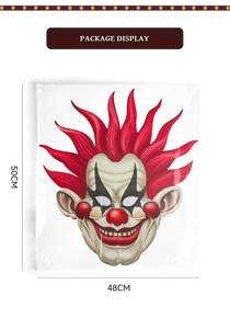 Présentation du masque de clown d'horreur avec cheveux rouges et dimensions 50cm x 48cm