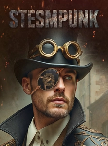 Steampunk set featuring leather eyepatch with gears and top hat on a male model