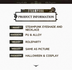 Steampunk eyeshade and necklace set details and specifications in product information chart