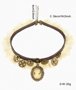 Steampunk choker detail featuring brown leather, gears, lace, and a cameo silhouette pendant