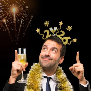 Sparkly 2026 Happy New Year headband with gold glitter stars and champagne glass decor