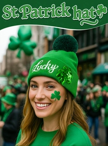 Green St. Patrick's Day knit beanie featuring Lucky embroidery and clover sequins