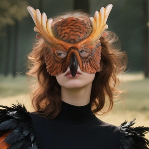 Amber owl carnival mask with ivory antlers worn by a model in a mystical forest setting