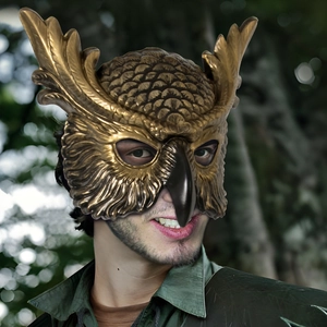 Antique gold owl half-face masquerade mask with intricate feather texture and wing details
