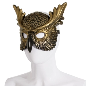 Carnival owl half-mask in bronze gold with detailed feather textures for cosplay party