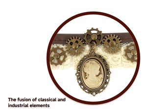 Steampunk choker detail featuring vintage bronze gears, beige lace, and a cameo pendant