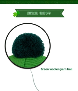 Detail view of the vibrant green knit texture and plush pom-pom of the St. Patrick's Day hat