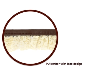 Detailed close-up of dark brown PU leather with cream lace trimming for steampunk accessories