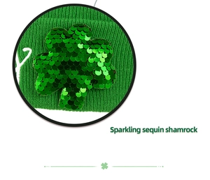 Detail shot of sparkling sequin shamrock on a green St. Patrick's Day knit beanie