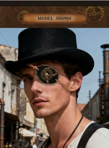 Close-up of steampunk pirate eye patch with bronze gears worn by a model in cosplay