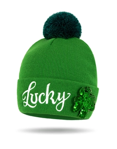 Detail of St. Patrick's Day green knit beanie with Lucky embroidery and sequin shamrock
