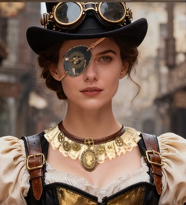 Detail view of steampunk accessories featuring leather eye patch and vintage clockwork choker