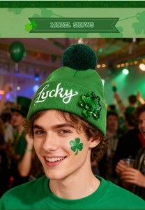 Close-up of Saint Patrick's Day knit hat with Lucky embroidery and sequined shamrock