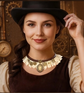 Steampunk lace choker with brass gears and vintage cameo pendant detail on leather