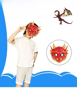 Detail of red dragon mask showing realistic scale textures and curved horns for kids